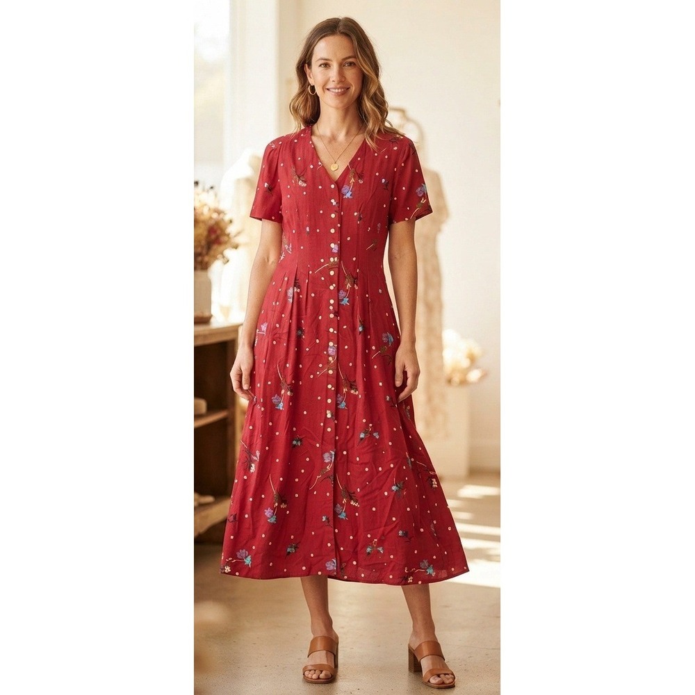 Jessica Howard Vintage Floral Button Front Maxi Dress Size 10 Red Rayon Tie Back